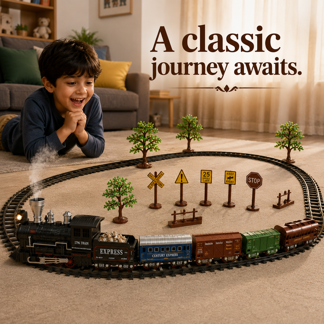 Vintage Express Train Set – Realistic Steam Engine with Track & Sound