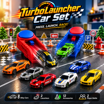 Turbo Launcher Car Set – 8 Alloy Cars with Dual Launchers