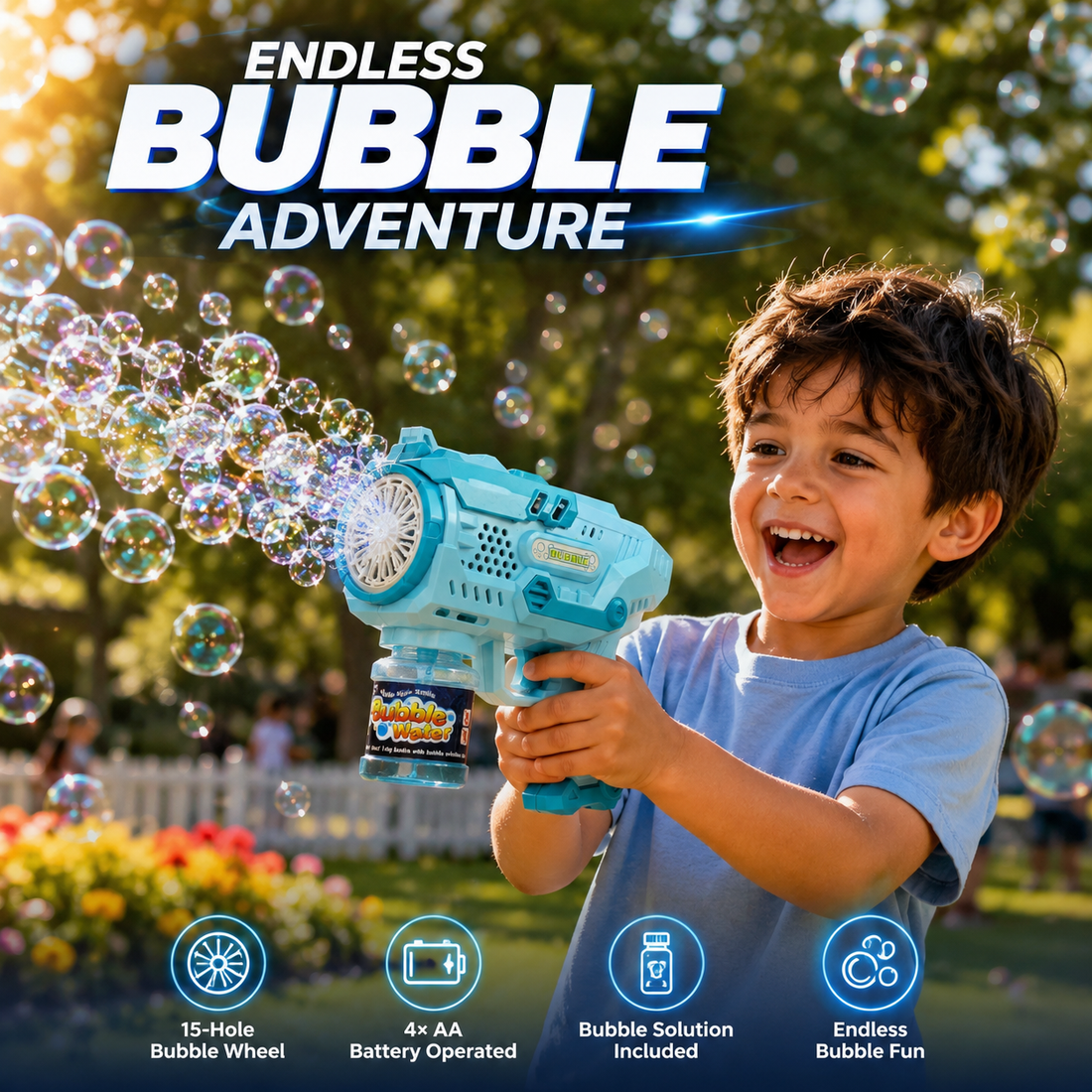 Bubble Blaster Gun – 15-Hole Bubble Wheel Toy