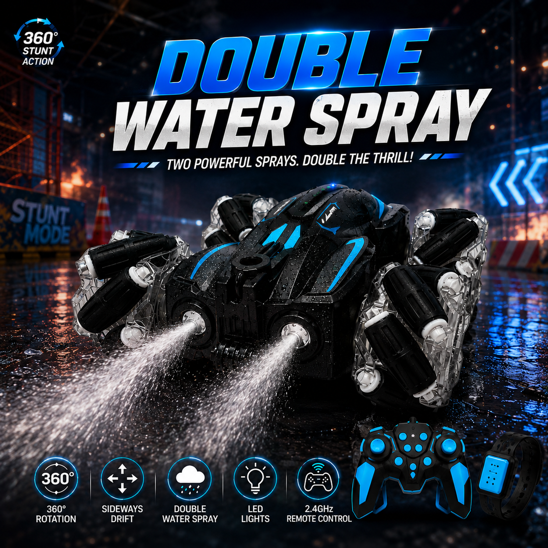 360 Stunt Car – RC Car with 360° Rotation, Sideways Drift & Water Spray