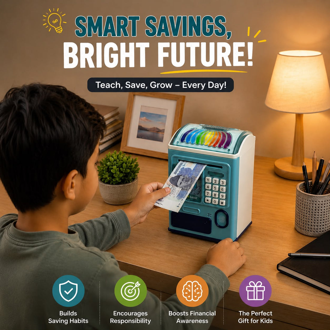 Kids Smart ATM Money Saving Bank with Password Lock & Cash Deposit